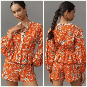 Farm Rio Anthropologie Long-Sleeve Printed Romper Red thumbnail 2