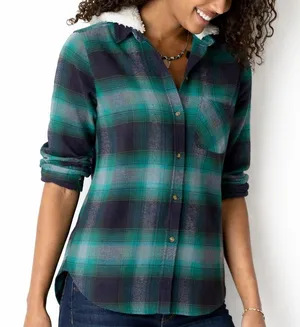 American Eagle Vintage Boyfriend Plaid Hooded Shirt Jacket Green/Navy‎ Size S thumbnail 1