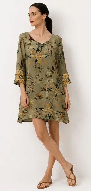 Anthropologie Odd Molly Boho Shift Dress Green European Lagenlook Cottagecore M thumbnail 1