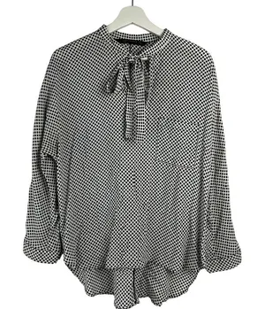 Zara Woman Size L Blouse Black Polka Dot Tie Neck Long Sleeve Flowy Long‎ Sleeve thumbnail 1