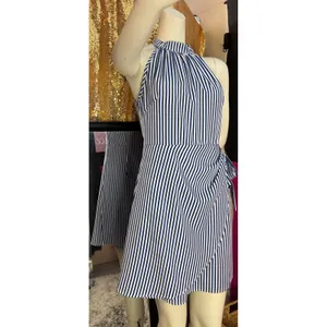 Blue and White Striped Halter Wrap Mini Dress Side Tie High Neck Nautical Summer thumbnail 6