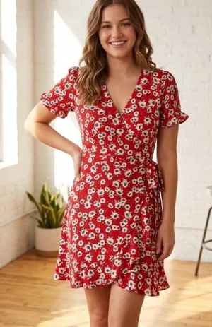 Sadie & Sage Red White Floral Pattern Wrap Style Dress Size S thumbnail 1