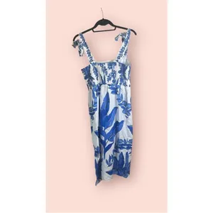 Calypso St Barth Linen Blend Smocked Back‎ Midi Dress Blue White Tropical Size S thumbnail 9