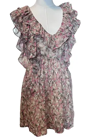 Anthropologie ARYN K. Dress Ruffles Y2K Blouson Sheer Lined Floral Fairy Boho SZ Sm Pinks thumbnail 1