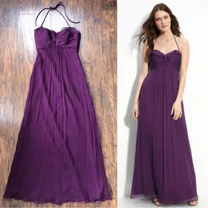 Amsale • plum silk chiffon dress bridesmaid crinkle halter purple formal G425C thumbnail 2