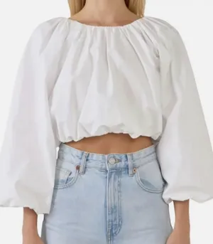 Maeve by Anthropologie White Cotton Bubble Hem Cropped Peasant Blouse Size Small thumbnail 1