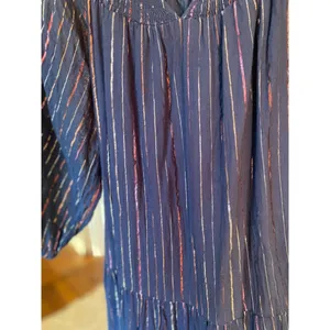 Crown & Ivy Navy Metallic Stripe Maxi Dress Smocked‎ Quiet Luxury Elegant Gala M thumbnail 4