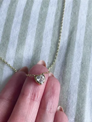 14K Gold Plated Over Brass Heart Pendant Bezel Cubic Zirconia Dainty Necklace thumbnail 4