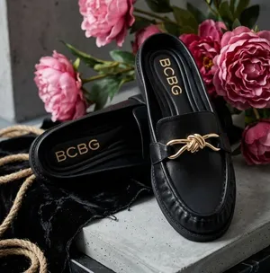 BCBG Black Leather Mules with Gold Knot Detail thumbnail 1