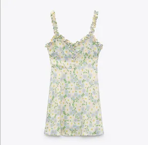 BNWT ZARA Pastel Floral Satin Sweetheart Ruffle Strap Mini Dress thumbnail 4