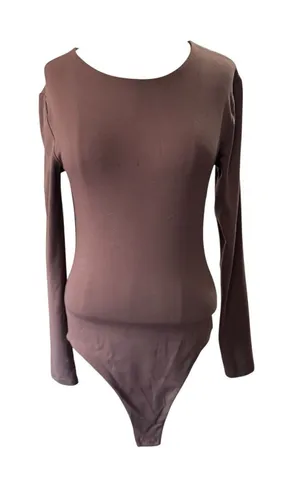Nuuds Long Sleeve Scoop Neck Bodysuit S Small Brown Thong Smoothing Top Layer thumbnail 1