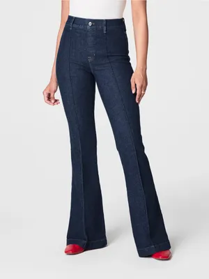 SPANX • Pintuck Flare Jeans pull on high rise bell bottom Raw Indigo dark wash thumbnail 5