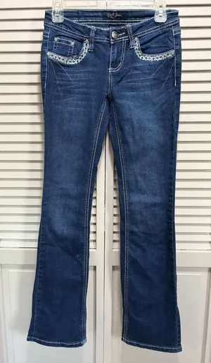 Earl Jeans‎ Med Wash Low Rise Skinny Bootcut Denim Jeans Size 1 Embroidered Gems thumbnail 1