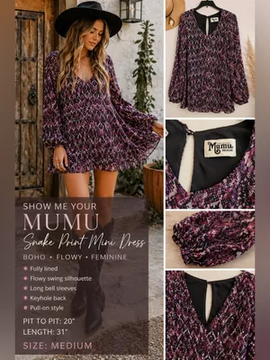 Show Me Your Mumu Snake Print Mini Purple Dress Boho Flowy Bell Sleeve M thumbnail 2