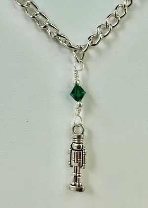 Hand Crafted Antique Silver Toy Soldier with Green Crystal Chain Necklace thumbnail 1