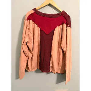 POL Patchwork Thermal Top‎ Womens Medium Red Burgundy Peach Waffle Knit FKT1052A thumbnail 4