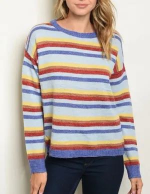 Emory Park NWOT Blue multi stripe crewneck pullover knit sweater size M thumbnail 1