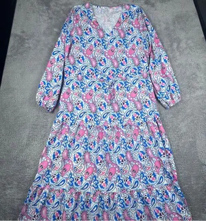 V-Neck Paisley Print Maxi Dress With Long Sleeves Pink & Blue Lightweight Fabric thumbnail 1