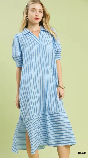 Umgee Striped Puff Sleeve Midi Dress - Blue - Large thumbnail 1