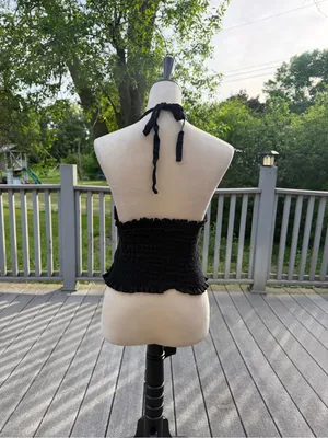 Black Smocked Halter Top Open Back Cotton Y2K Large thumbnail 4