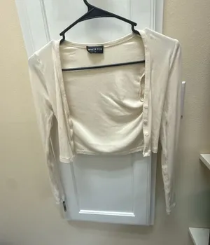 White Fox Boutique Cream Ribbed Cropped Long Sleeve Cardigan thumbnail 1