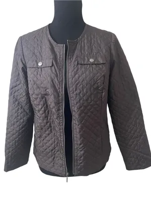 Chico's Collarless Quilted Dark Brown Full Zip Jacket thumbnail 2