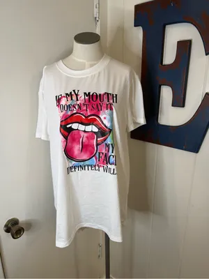 Graphic Tongue Print Short Sleeve Tee - White/Pink thumbnail 2