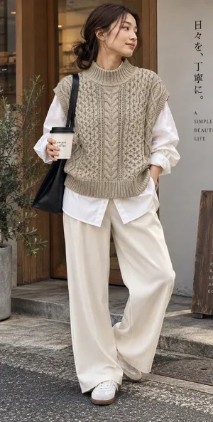 NWOT United Arrows GLR Beige Wool Cable Knit Mock Neck Sweater Vest Size Large thumbnail 1