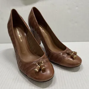 Antonio Melani Tassel Pump‎ Shoes Womens 9 Brown Leather Block Heel Round Toe thumbnail 1