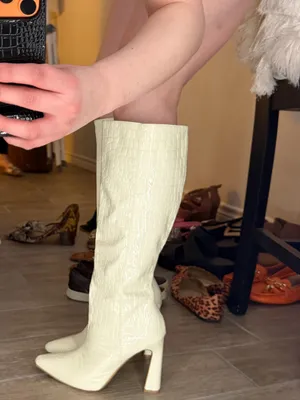 Knee-High Croc-Embossed Patent Boots in Cream thumbnail 5