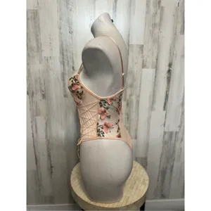 Floral Mesh Lace Up Bodysuit Pink Sheer Embroidered Teddy Lingerie Size M thumbnail 3