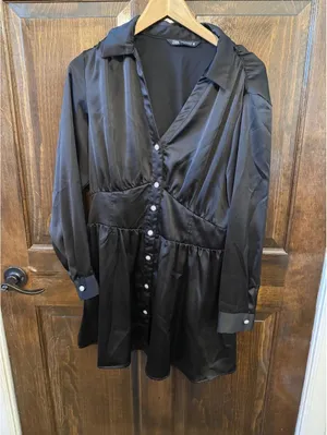Zara black satin rhinestone-button mini shirt dress thumbnail 2
