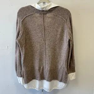 Magaschoni 100% Cashmere Layered Look‎ V-Neck Sweater Taupe White Trim Large thumbnail 2