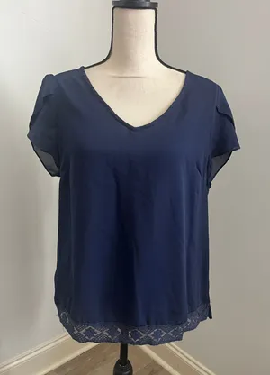 Skies Are Blue Petal Sleeve Lace Hem Blouse Large V-Neck Navy Blue Office Minimalist Feminine thumbnail 1