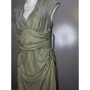 Maggy London Dress Womens 4 Gold Metallic Chevron Ruched V Neck Sheath Midi thumbnail 5