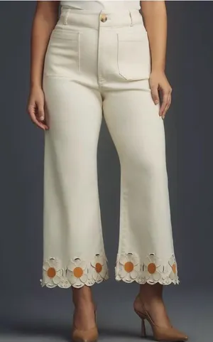 Maeve Anthropologie Colette Wide-Leg Jeans Daisy Cutwork Hem cottagecore whimsy thumbnail 1