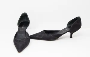 Prada Made In Italy Black Metallic Floral Flower D'Orsay Pointed High Heel Shoes thumbnail 1