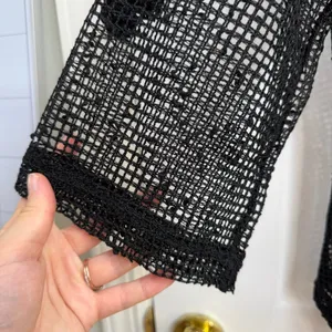 Nina Leonard black loose crocheted net drapey button‎ cropped sleeve cardigan L thumbnail 2