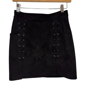 Womens Black Mini Skirt Size S Faux Suede Lace-Up Grommet Back Zip thumbnail 1