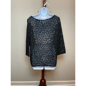 LOFT Black Lace Sheer Long‑Sleeve Top Size L thumbnail 2