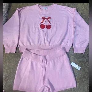 Faded Rose 2 piece cherry/bow design set. Size large. Pink thumbnail 1