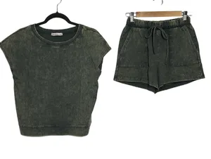 Zenana Acid Wash T-Shirt & Shorts Matching Set Small Dark Green Cotton Lounge thumbnail 1