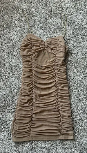 Ruched Spaghetti-Strap Bodycon Dress in Tan thumbnail 1
