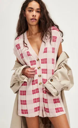 Free People Lewis Plaid Romper Pink Red Plaid Oversized Button Front thumbnail 1