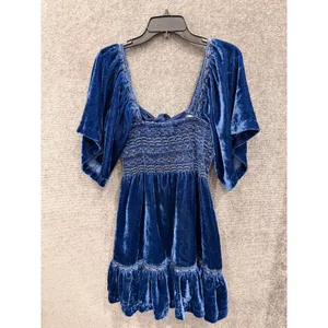Free People Womens Dress XS Blue Velvet Smocked Tie Back Ruffle Mini Dress thumbnail 6