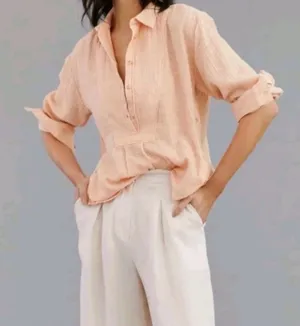 Anthropologie Orange Peach Cotton Gauze Bib-Front Popover Long Sleeve Shirt S thumbnail 1