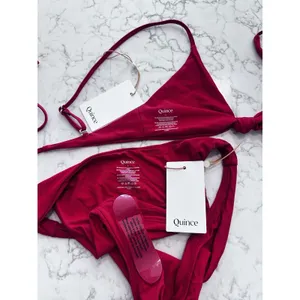 NWT Quince Cherry Red Knot Tie Bikini Top & Italian Low Rise Bottom Set Small thumbnail 3