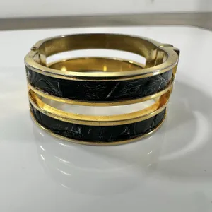 Loewe Gold Tone Black Leather Hinged Bangle Cuff Bracelet 7in Logo Designer thumbnail 4