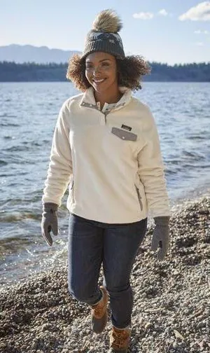 L.L.Bean Hi-Pile Fleece Pullover cream and gray size large thumbnail 1