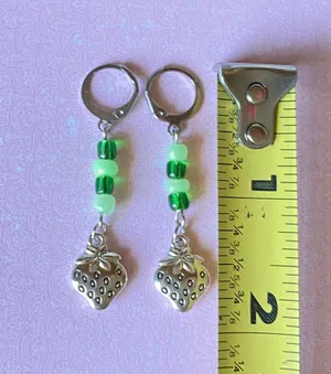 funky fairy Kawaii retro strawberry green dangle unisex earrings 💚🍓🍃 thumbnail 4